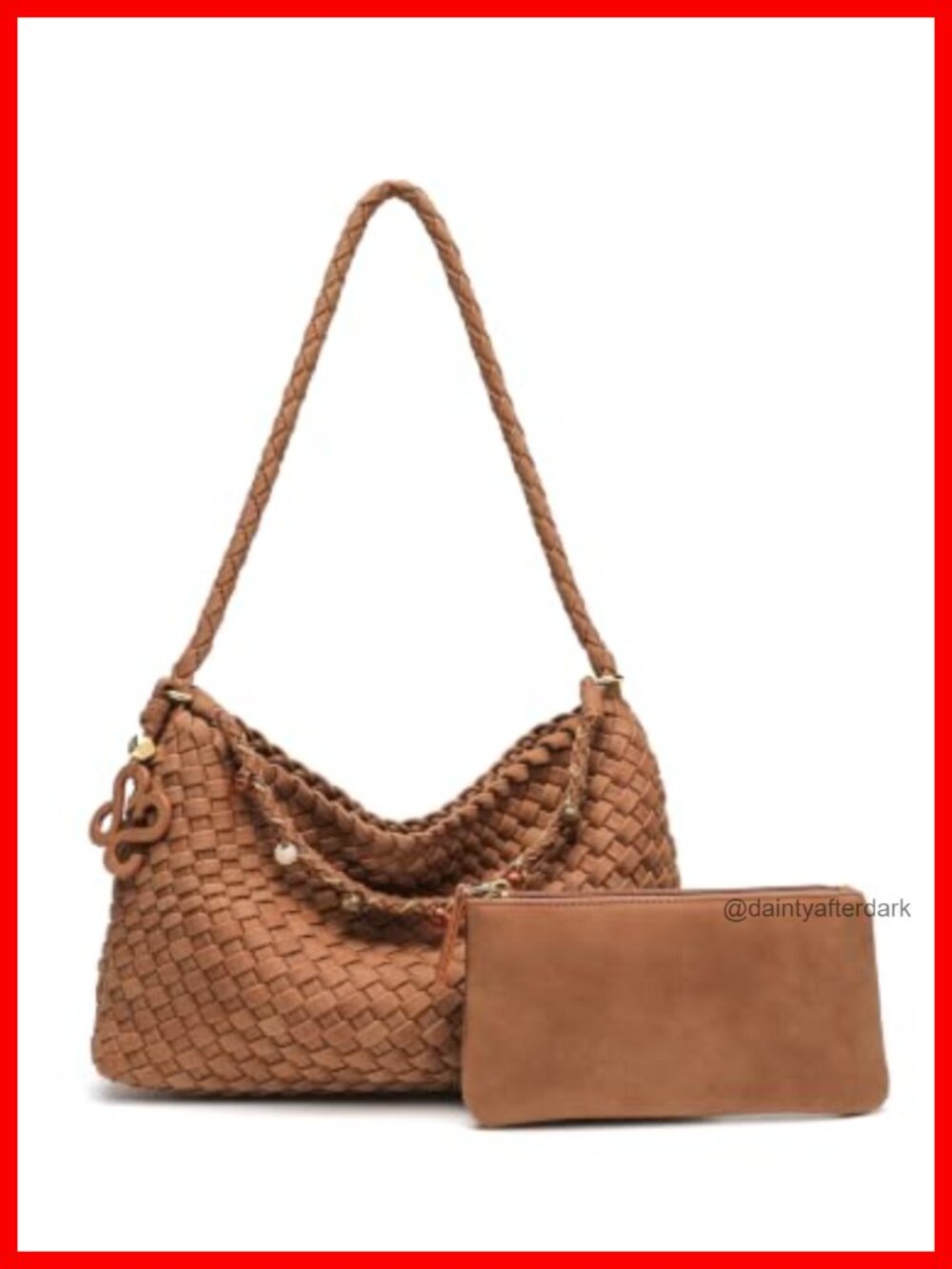 Woven Faux Suede Hobo Shoulder Bag Tote with Pendant Beads